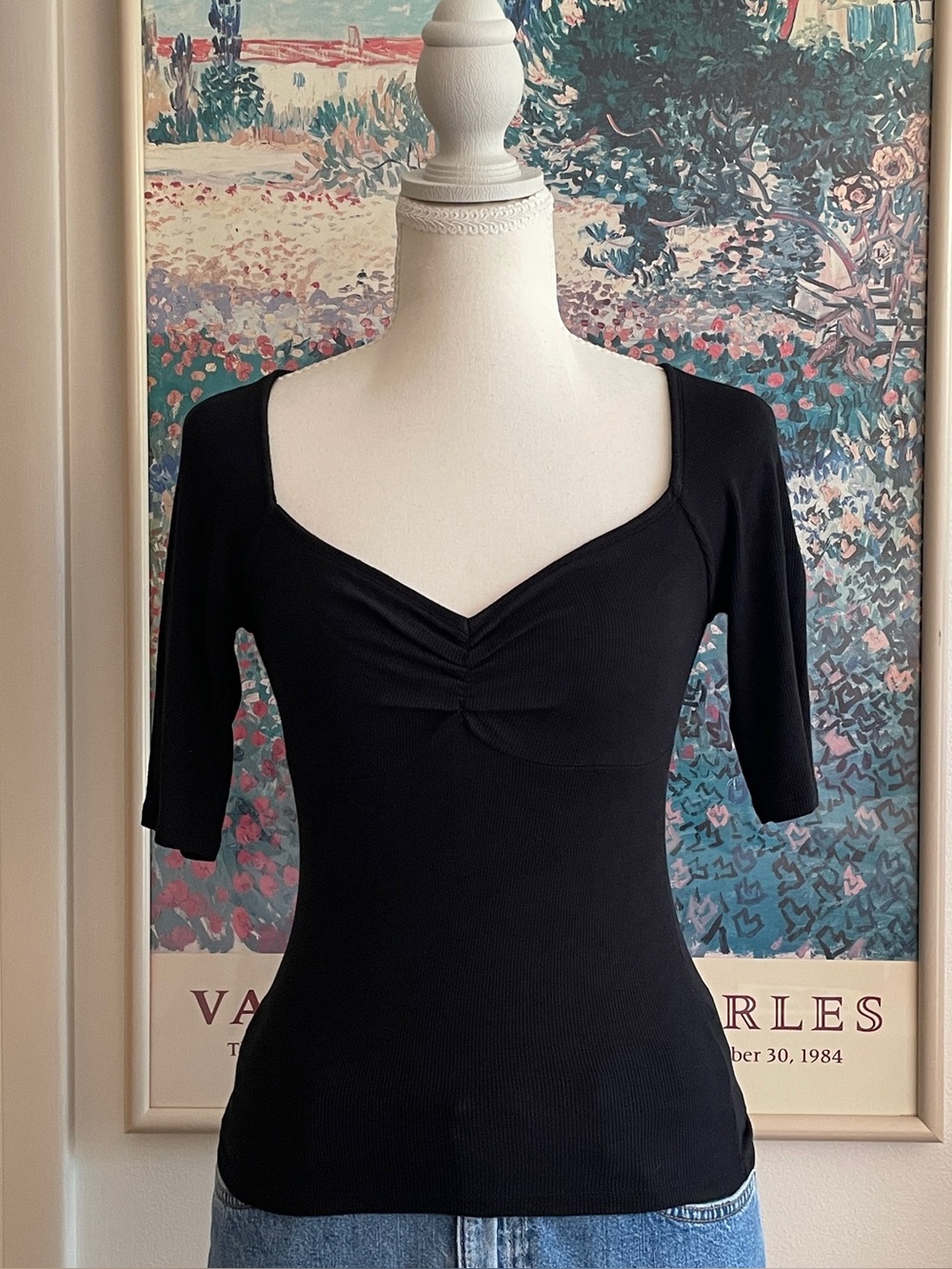 Express Black Ruched Top M Sweetheart Neck Fitted Half Sleeve Minimalist Party